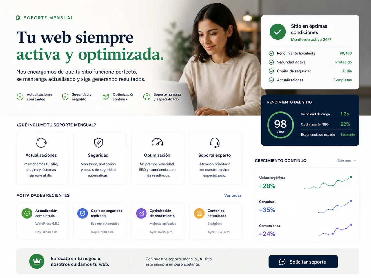 Vista previa del servicio Mantén tu página clara, actualizada y lista para captar