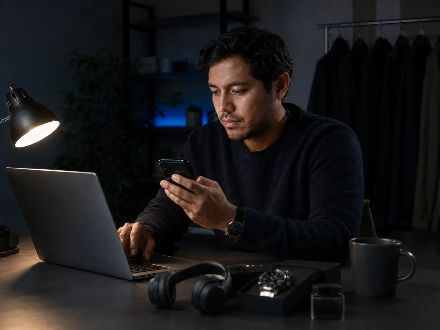 Negocio gestionando productos y ventas desde laptop y celular